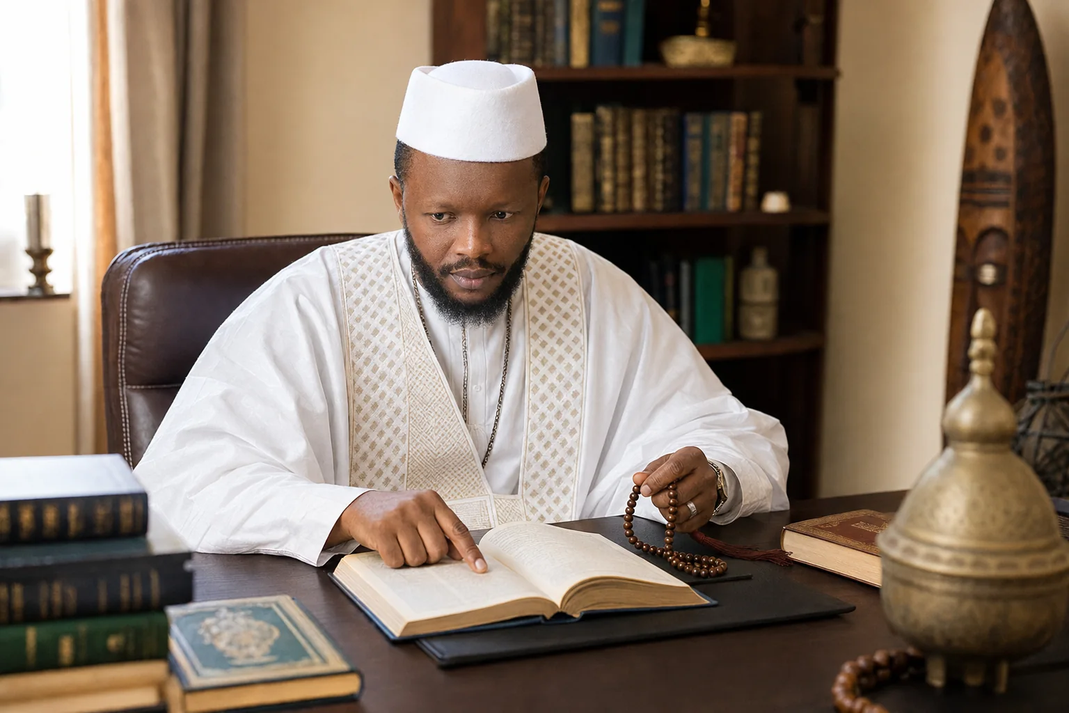 Le Professeur Tate étudie des livres religieux avec son chapelet