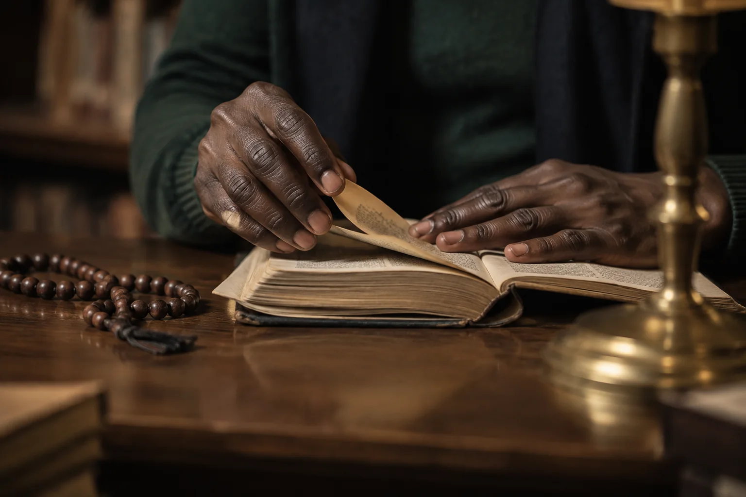 Des mains tournent la page d'un livre auprès d'un chapelet