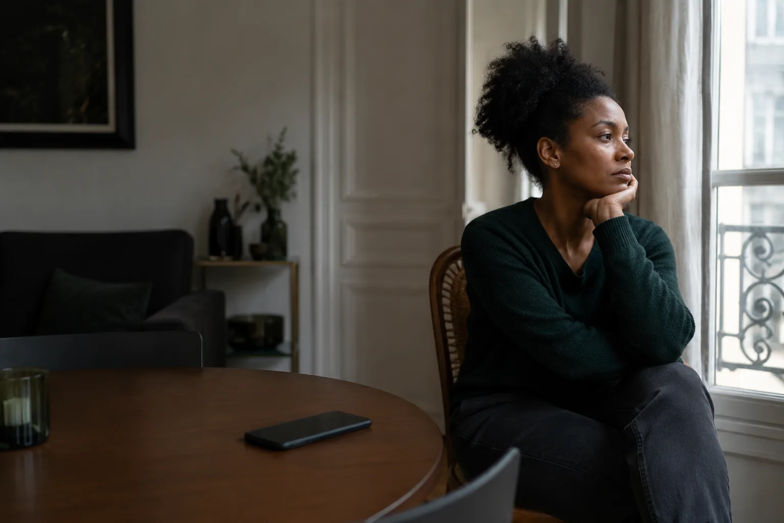 Une femme réfléchit seule après une séparation sentimentale