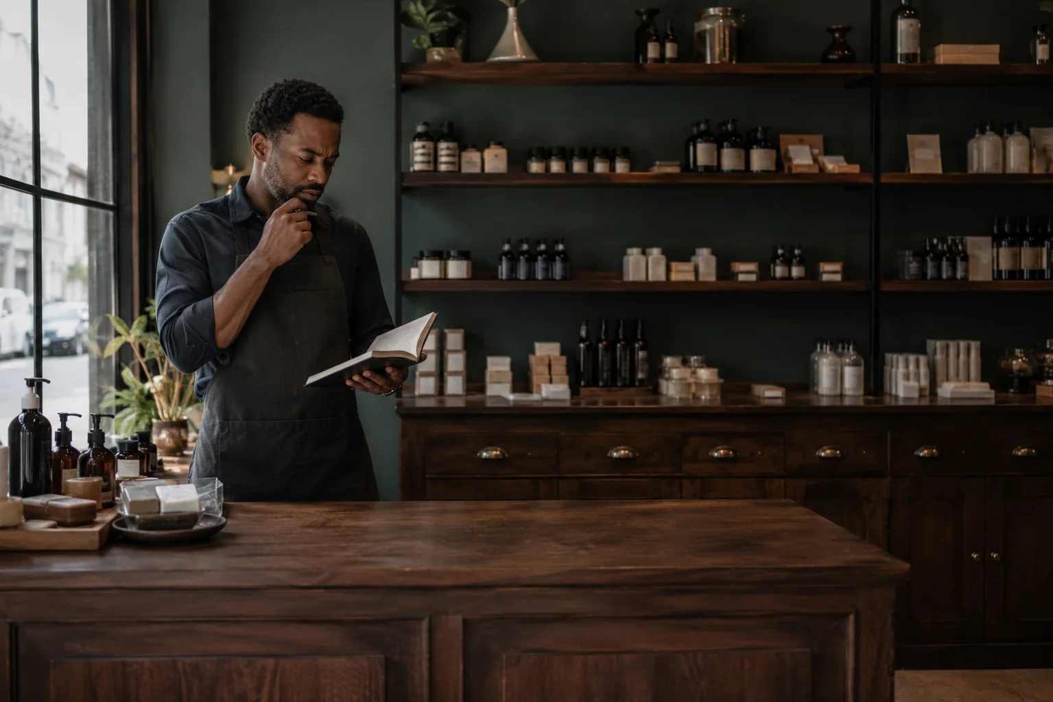 Un commerçant examine avec inquiétude l'activité de sa boutique
