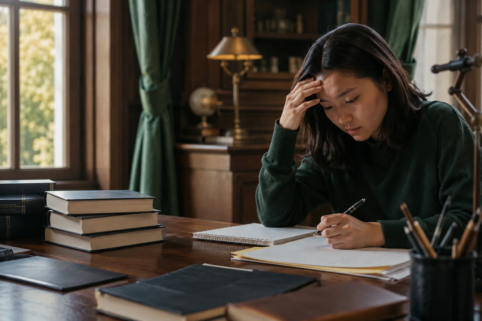 Une étudiante prépare un examen avec concentration